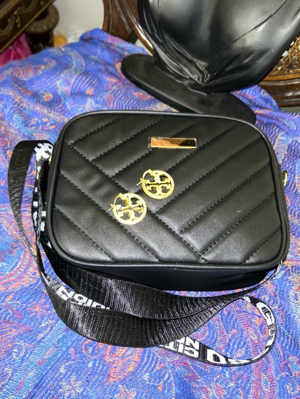 Tory Burch Bling hoops with Black Quilted Crossbody Bag ( no brand ) bundle